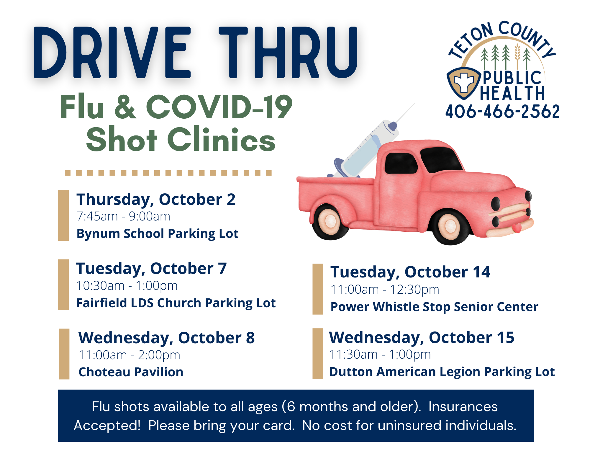 picture of a red truck holding a syringe and a list of drive through dates for flu and covid clinics in the community
